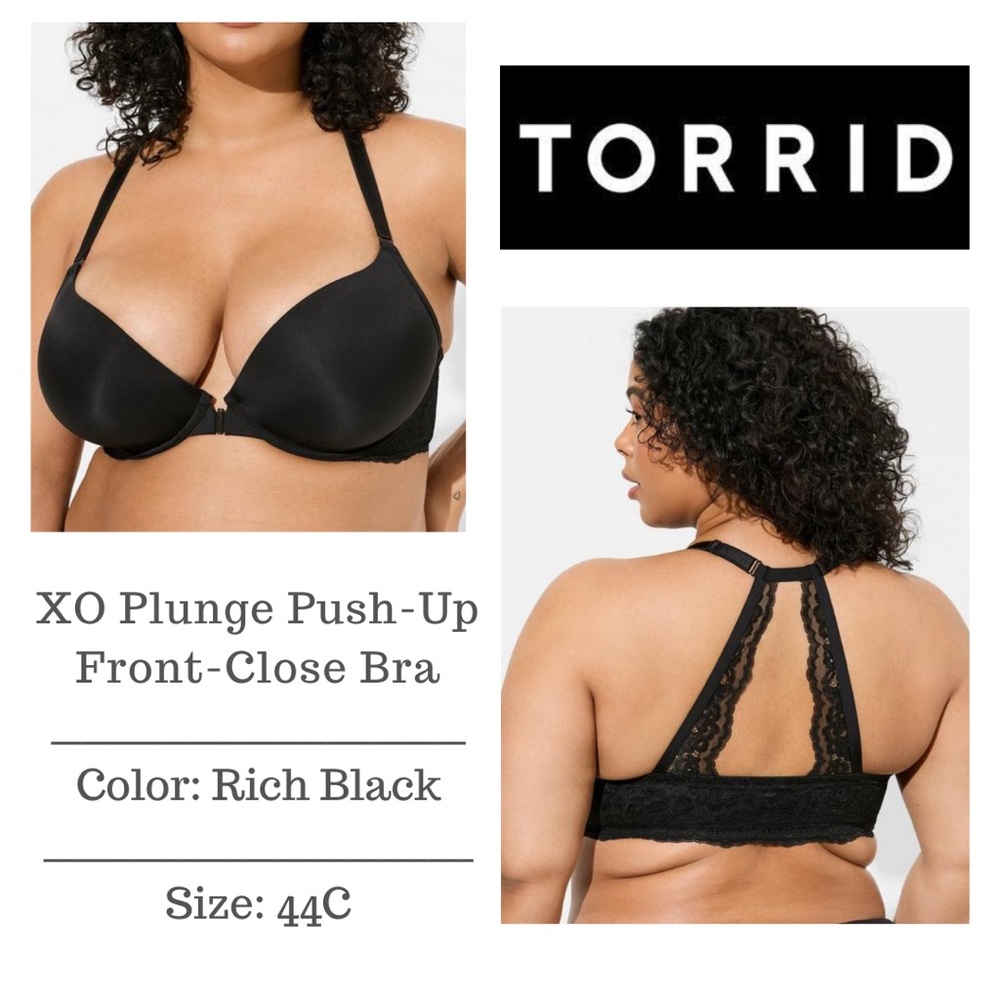 NWT Torrid XO Plunge Push-Up Front-Close Bra - 44C - Rich Black - Lace